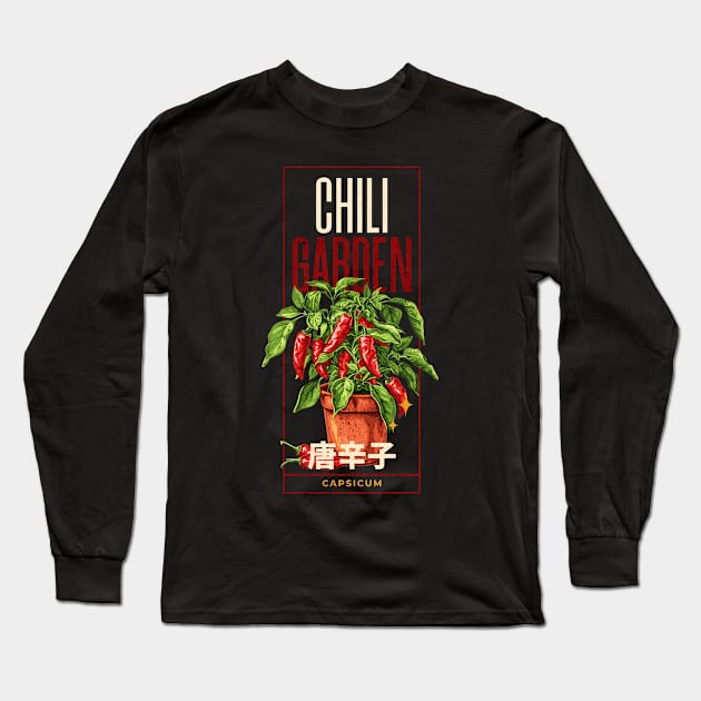 Chili garden design with a chili plant, red color, CAPSICUM, chili fruits and japanese text japanese Typography Long Sleeve T-Shirt by OurCCDesign